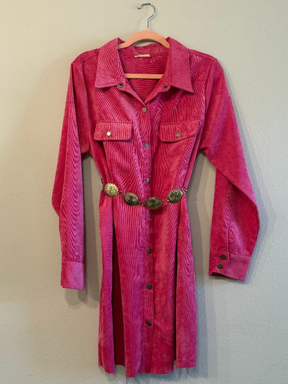 Hot Pink Corduroy Long Sleeve Dress Large - Kori